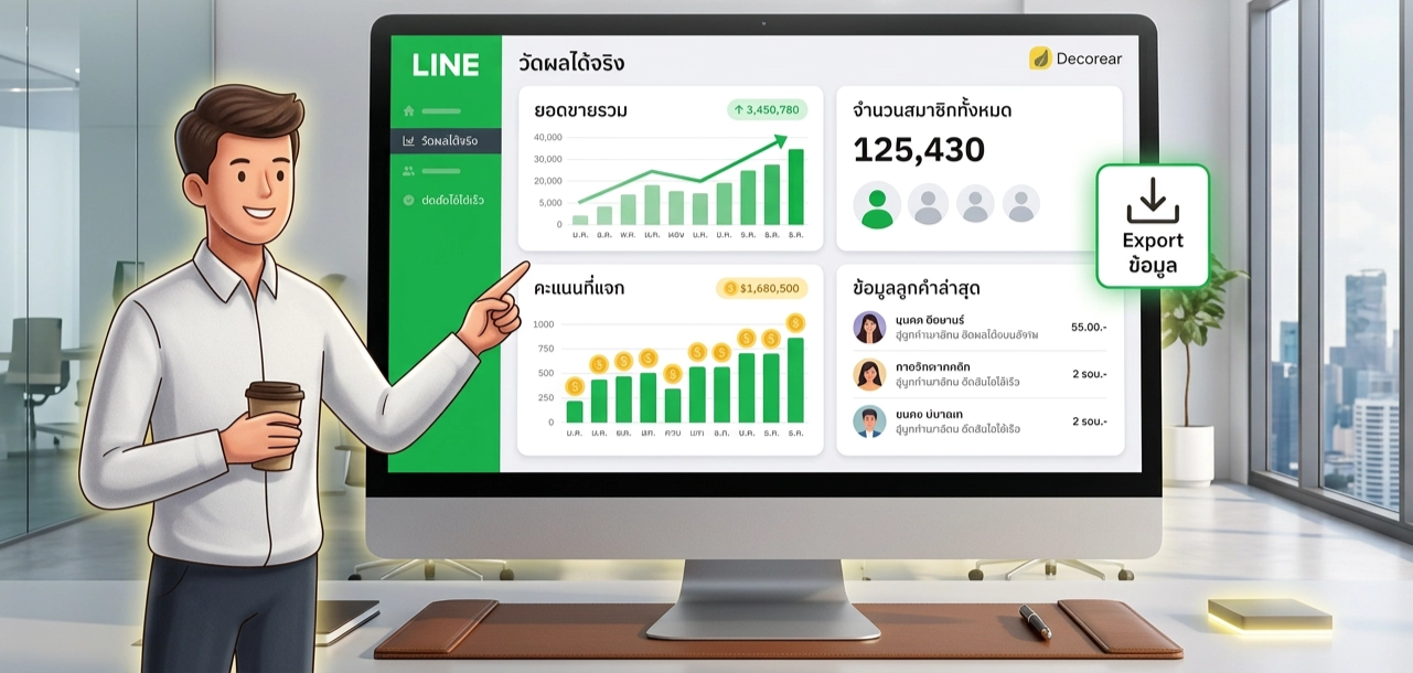 หน้าจอ Dashboard แสดงผลสรุปยอดขายและจำนวนสมาชิกจากระบบข้อมูลลูกค้าใน LINE OA สำหรับเจ้าของธุรกิจ