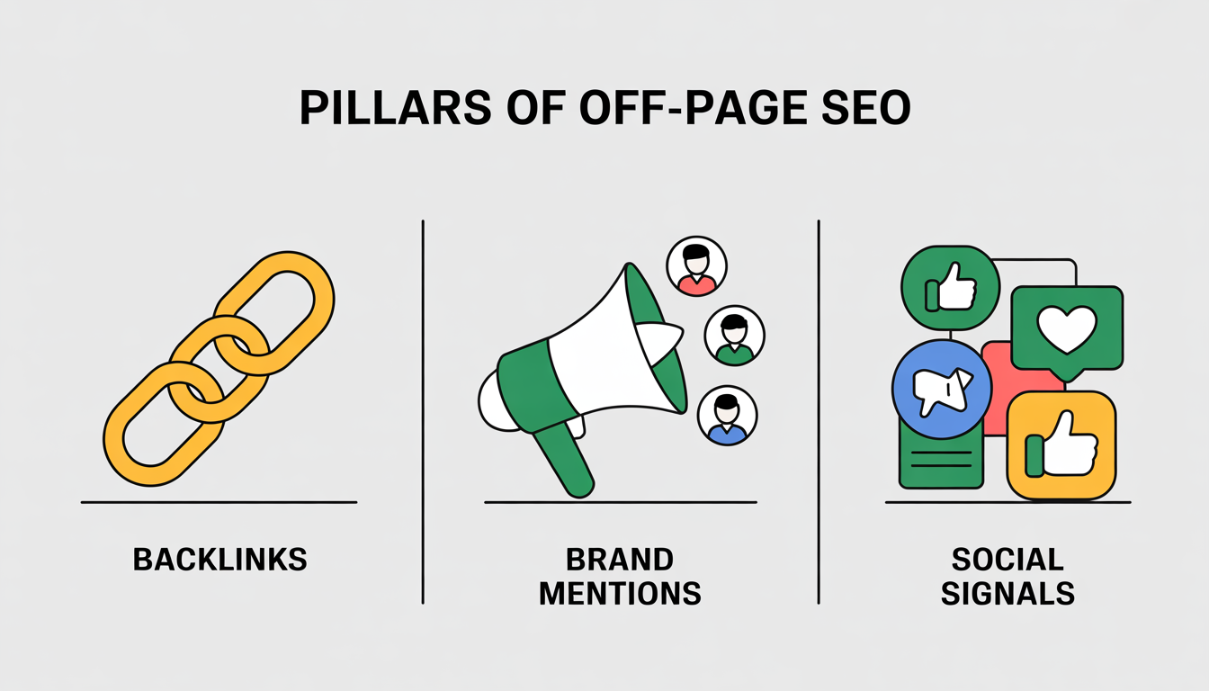 3 เสาหลักของการทำ SEO Off-page ประกอบด้วยการสร้าง Backlinks คุณภาพ การถูกพูดถึงแบรนด์ และสัญญาณจากโซเชียลมีเดีย
